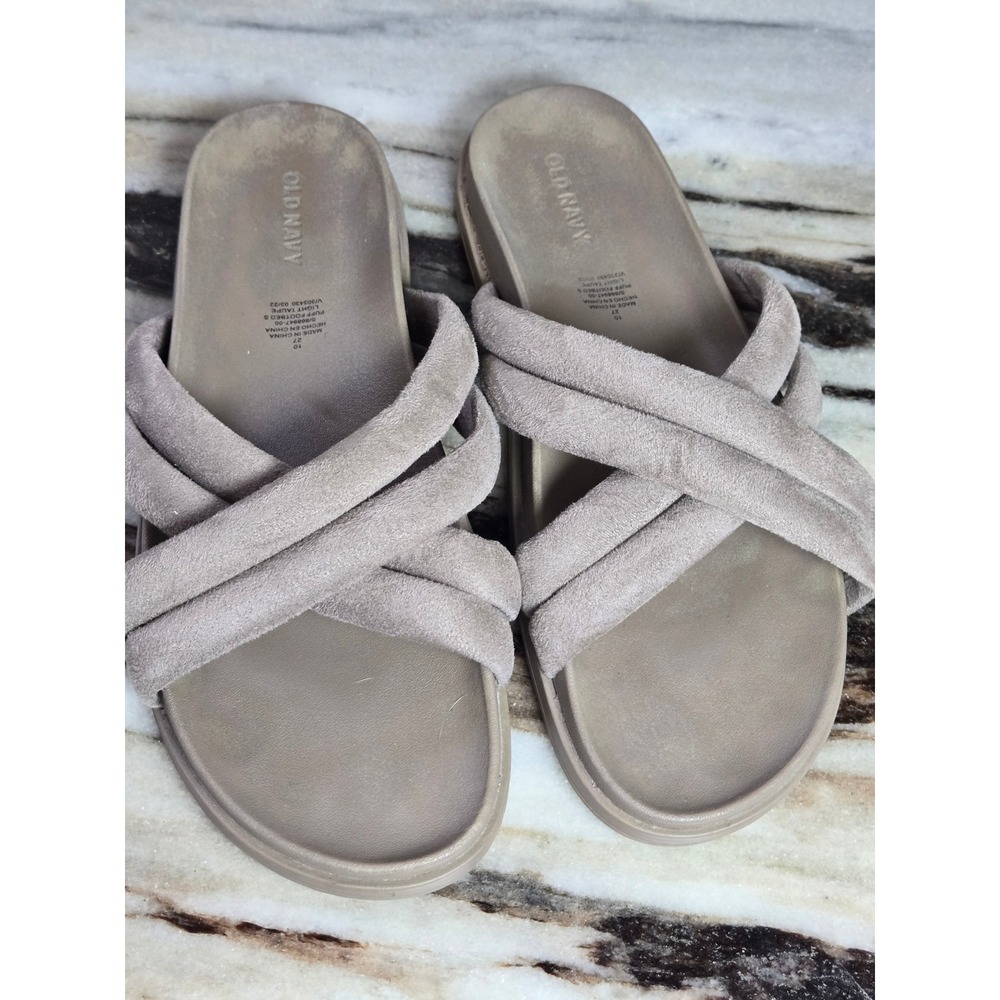 Old Navy Puff Footbed Sandals Light Taupe Crisscross Slides Womens 10 866947-00‎